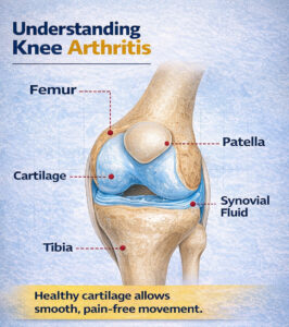 Medical illustration explaining knee arthritis anatomy including femur, tibia, patella, cartilage, and synovial fluid for pain-free movement.