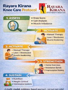 Infographic showing Rayara Kirana Knee Care Protocol with steps assess, activate, strengthen, and sustain for knee arthritis treatment.