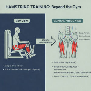 Medical illustration demonstrating holistic understanding of hamstrings, comparing isolated gym exercises with clinical physiotherapy view of hip, knee, and pelvic mechanics.