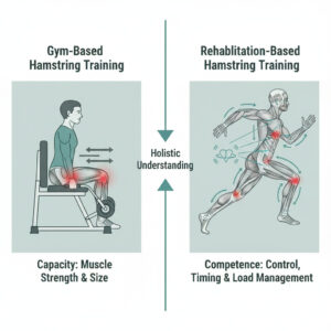 Comparison illustration showing gym-based hamstring training focused on muscle strength and size versus rehabilitation-based hamstring training emphasizing control, timing, and load management