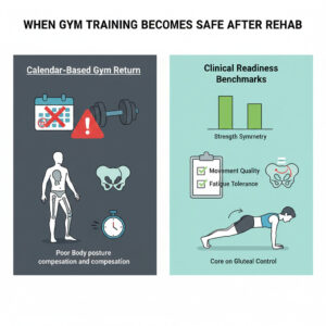 Medical illustration demonstrating holistic understanding of hamstrings, comparing isolated gym exercises with clinical physiotherapy view of hip, knee, and pelvic mechanics.