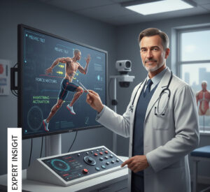 Orthopedic specialist analyzing running biomechanics on a digital display highlighting pelvic tilt, force vectors, and hamstring activation during movement