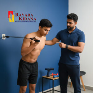 Physiotherapist at Rayara Kirana Physiotherapy & Rehab Clinic guiding a young male patient through a resistance band shoulder exercise as part of supervised rehabilitation and strength training.