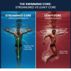 **Alt text:** Split infographic comparing swimming core control: left side shows a streamlined core with engaged hips and stable spine for speed and efficiency, while right side shows a leaky core with dropped hips, increased drag, and energy loss.