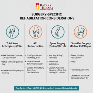 Infographic on surgery-specific rehabilitation considerations for knee replacement, ACL reconstruction, spine surgery, and shoulder rotator cuff repair.
