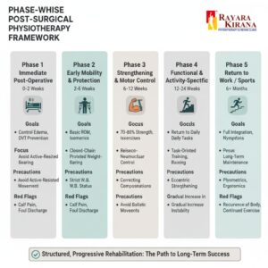 Phase-wise post-surgical physiotherapy framework showing five rehabilitation stages from immediate post-operative care to return to work or sports.