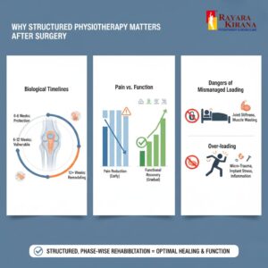 Infographic explaining why structured physiotherapy after surgery is important, showing healing timelines, pain vs function recovery, and risks of improper rehabilitation.
