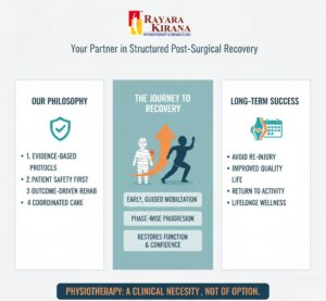 Infographic on surgery-specific rehabilitation considerations for knee replacement, ACL reconstruction, spine surgery, and shoulder rotator cuff repair.