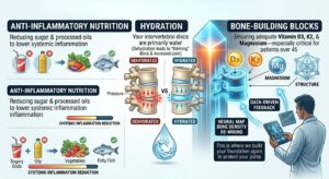 An educational infographic about spine health and recovery, featuring sections on anti-inflammatory nutrition, hydration for intervertebral discs, and bone-building blocks like Vitamin D3, K2, and Magnesium.