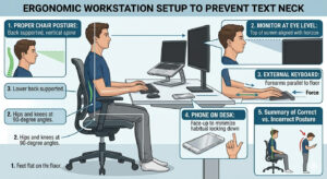 Ergonomic workstation setup to prevent text neck syndrome and cervical pain — spine health tips from Rayara Kirana Physiotherapy Clinic, Bangalore