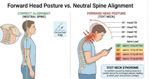Diagram showing forward head posture from mobile phone use and increased cervical spine pressure — Text Neck Syndrome