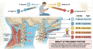 Cervical Spine Load During Mobile Phone Use What to show: Anatomical illustration of cervical vertebrae with load indicators at different head tilt angles. Show disc compression and muscle strain. ALT text: "Cervical spine pressure during mobile phone use at different head tilt angles — Text Neck Syndrome explanation