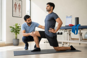 Physiotherapist guiding an athlete through a hip flexor and lower-body mobility exercise to improve flexibility and prevent sports injuries
