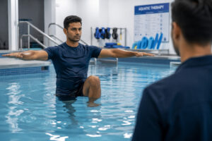 Athlete performing balance and stability exercises in a hydrotherapy pool under physiotherapist supervision during aquatic rehabilitation training