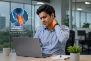 A clean 3D medical illustration of the human cervical spine (neck bones)