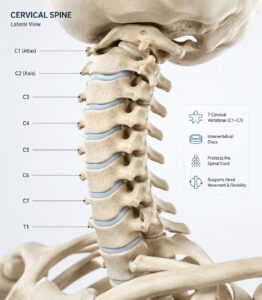 A clean 3D medical illustration of the human cervical spine (neck bones). Close-up view of vertebrae and intervertebral discs.