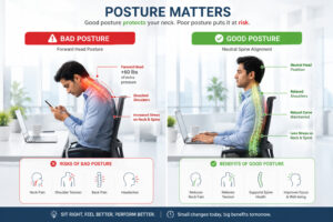 A side-view comparison vector or clean infographic showing a person sitting with bad posture (forward head posture, slouching over a smartphone/laptop) vs good posture.