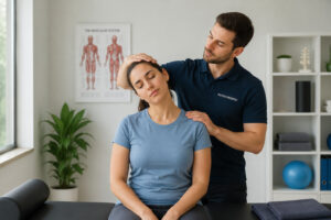 A professional physiotherapy model performing a gentle neck stretch in a bright, modern wellness clinic.