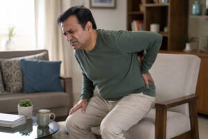  Person experiencing lower back and sciatica pain at home