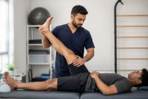 Physiotherapist performing leg raise test to diagnose sciatica