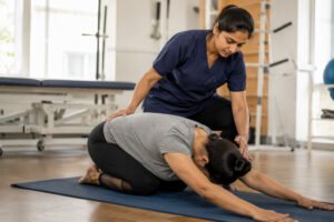 Physiotherapist guiding patient through lower back stretching exercise