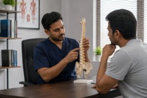 Physiotherapist explaining spine condition to patient using model
