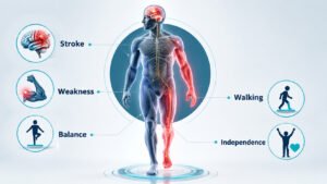 3D medical infographic showing stroke-related weakness, balance and walking difficulties