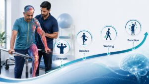 Physiotherapist guiding a stroke survivor through strength, balance, walking and functional rehabilitation