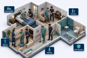 3D illustration of stroke rehabilitation at home including bed mobility, transfers, balance and walking