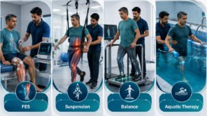 Medical infographic showing FES, suspension therapy, balance training and aquatic therapy for stroke rehabilitation