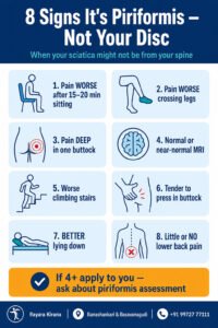 Infographic listing eight signs that may suggest piriformis syndrome rather than spinal disc-related sciatica, including buttock pain, sitting discomfort, normal MRI findings, stair pain, and minimal lower back pain.