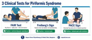 Medical infographic illustrating three clinical tests for piriformis syndrome: the FAIR test, Freiberg's sign, and PACE sign, with the associated positions and positive pain responses.