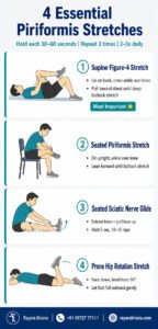 Exercise infographic showing four piriformis stretches and mobility exercises: supine figure-4 stretch, seated piriformis stretch, seated sciatic nerve glide, and prone hip rotation stretch.