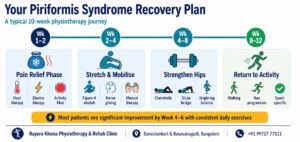 Timeline infographic showing a typical piriformis syndrome physiotherapy recovery plan progressing from pain relief and stretching to hip strengthening and return to activity over approximately 10–12 weeks.