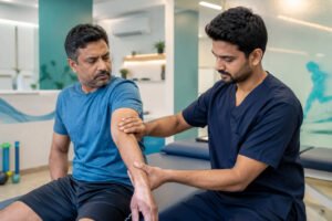 Physiotherapist treating tennis elbow patient at Rayara Kirana Physiotherapy Clinic Bangalore