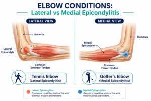 Tennis elbow vs golfer's elbow anatomy diagram showing lateral and medial epicondyle