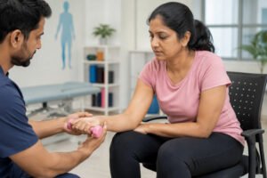 Patient performing eccentric wrist extension exercise for tennis elbow rehabilitation