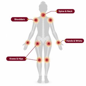 Body map showing the joints most commonly affected by menopause