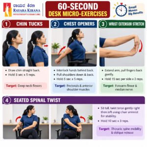 Infographic showing four simple desk exercises—chin tucks, chest openers, wrist stretches, and seated spinal twists—with instructions and repetitions.