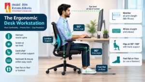 Silhouette of a software professional sitting at a desk with correct posture overlay: $90^\circ$ elbow bend, flat feet, eye level matching screen top, and lumbar cushion highlight. Floating clean angle callouts ($90^\circ$, $180^\circ$). Low text, sleek layout.
