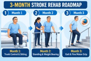 Infographic illustrating the 3-month stroke rehabilitation roadmap showing Month 1 sitting balance, Month 2 standing balance in parallel bars, and Month 3 walking independence.