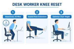 Step-by-step desk ergonomics and movement infographic showing hourly standing breaks, seated knee extensions, and proper chair adjustment