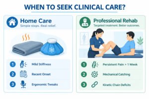 Comparison graphic highlighting when to use conservative home management versus professional physiotherapy for knee pain.