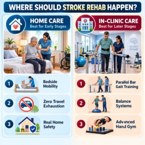 Comparison graphic highlighting advantages of home care physiotherapy during early stroke stages versus in-clinic neuro-rehabilitation equipment in later stages.