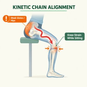 Biomechanical infographic illustrating how weak hip stabilizers cause inward femur rotation and increased knee joint stress during sitting.