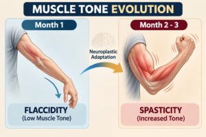 Medical diagram comparing flaccid low muscle tone in early stroke recovery against spastic increased muscle tone in sub-acute stroke rehabilitation.