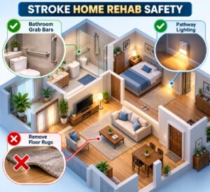Comparison graphic highlighting advantages of home care physiotherapy during early stroke stages versus in-clinic neuro-rehabilitation equipment in later stages.
