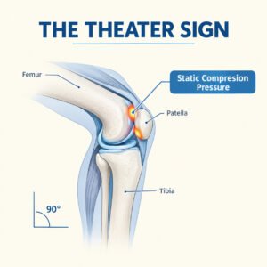 Medical infographic showing patellofemoral joint compression behind the kneecap during prolonged knee flexion while sitting.