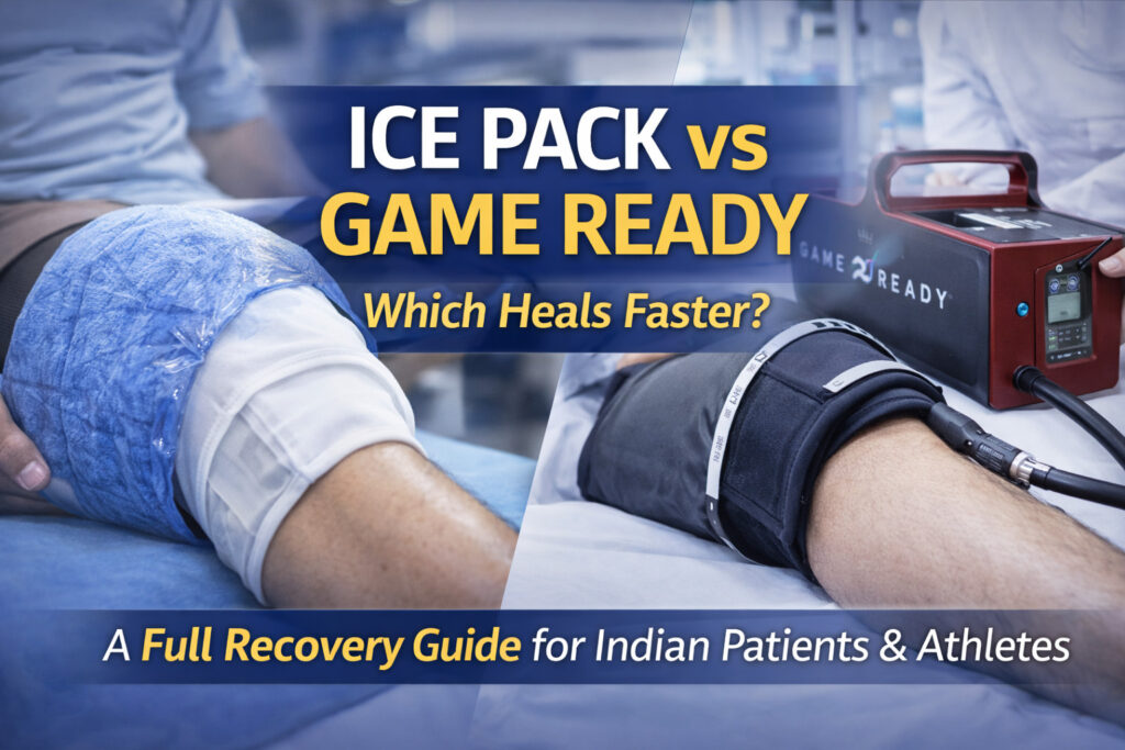 Comparison of an ice pack and Game Ready cold compression therapy applied to the knee, highlighting differences in injury recovery methods.