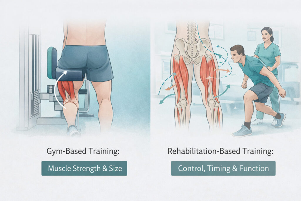 Split educational illustration comparing hamstring training approaches. Left side shows gym-based training with a person using a seated leg curl machine, highlighting isolated hamstring activation focused on muscle strength and size. Right side shows rehabilitation-based physiotherapy training with anatomical view of hamstrings connected to pelvis and spine, alongside a therapist guiding functional movement, emphasizing control, timing, and overall function.